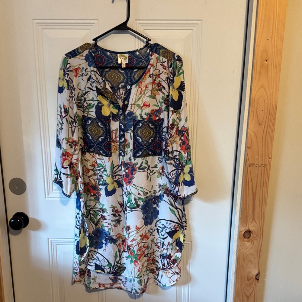 Fig and Flower Blue and Red Patterned long top , split on sides